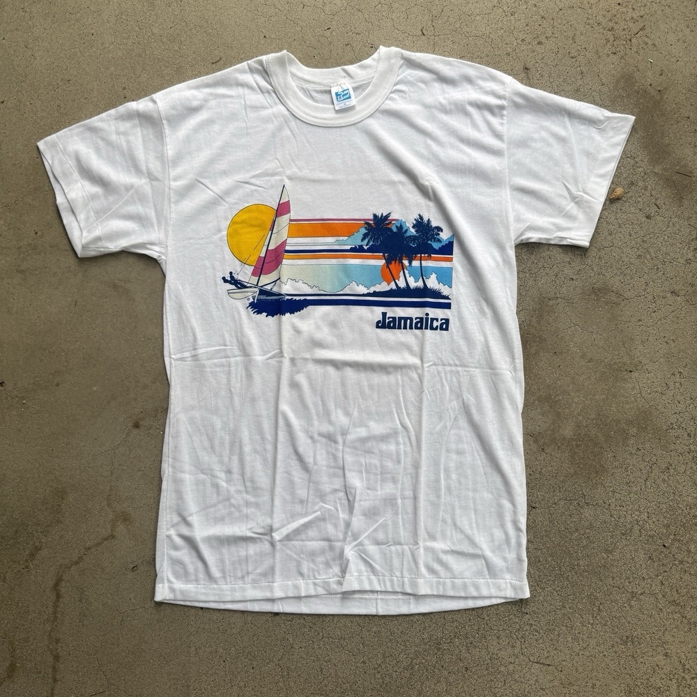 Vintage 70s 80s Jamaica Souvenir Tee Shirt Light White XL Single Stitch Parasail